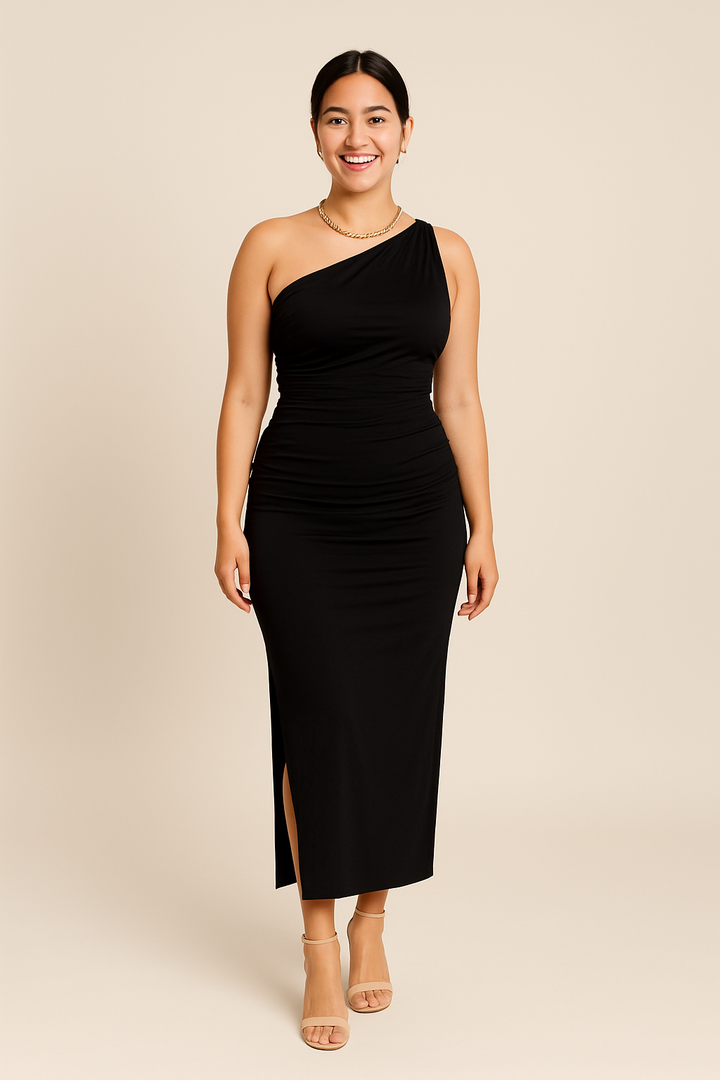 HERBERGER | Damen Atmungsaktives One-Shoulder Maxikleid mit Schlitz