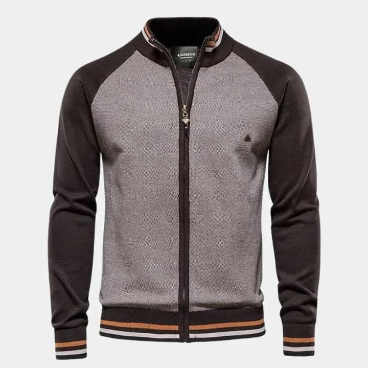 Stehkragen-Strickjacke mit Reißverschluss und Farbblock