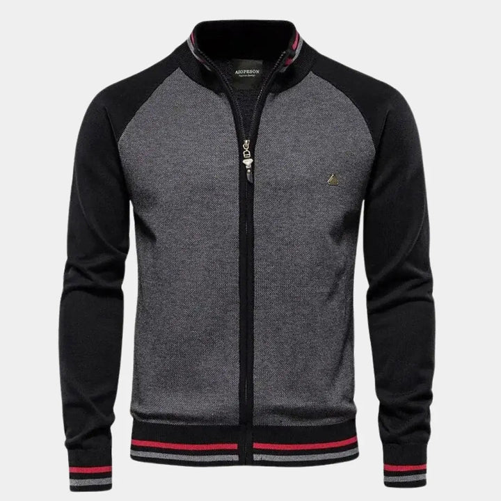 Stehkragen-Strickjacke mit Reißverschluss und Farbblock