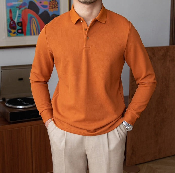 Textured Knit Cotton Blend Long Sleeve Polo