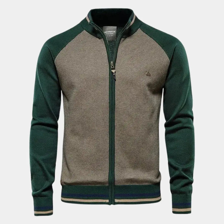 Stehkragen-Strickjacke mit Reißverschluss und Farbblock