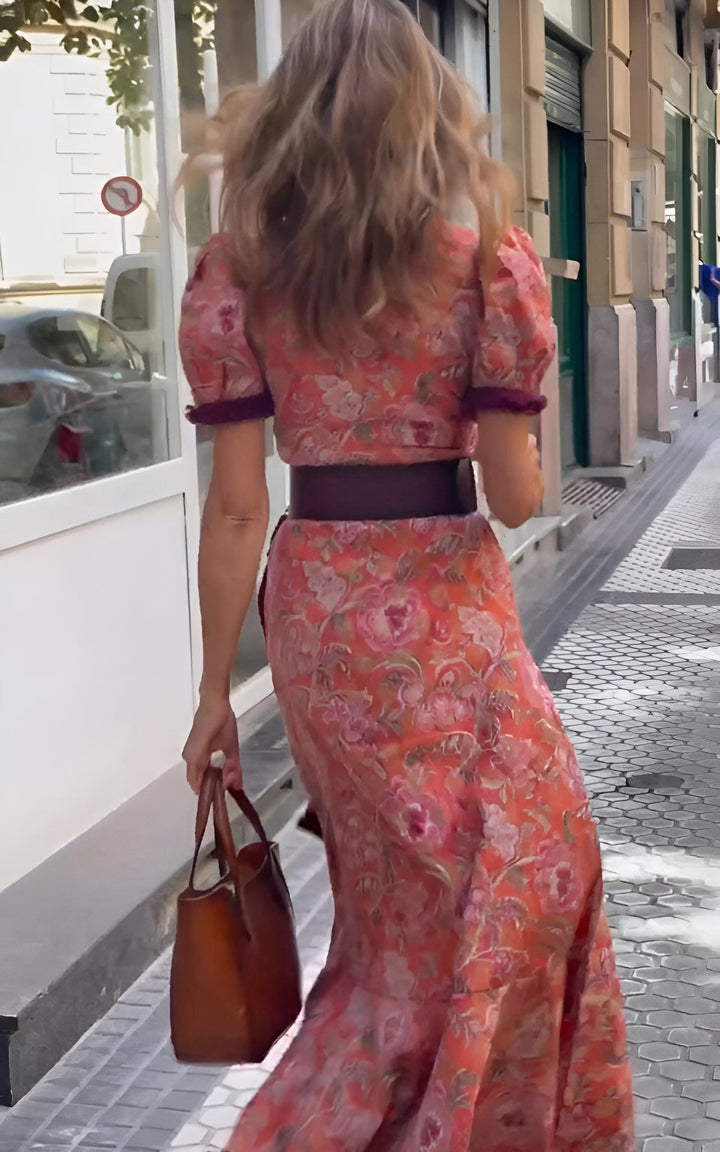 Nathalie - Elegantes Rosa Maxi-Kleid mit kurzen Ärmeln