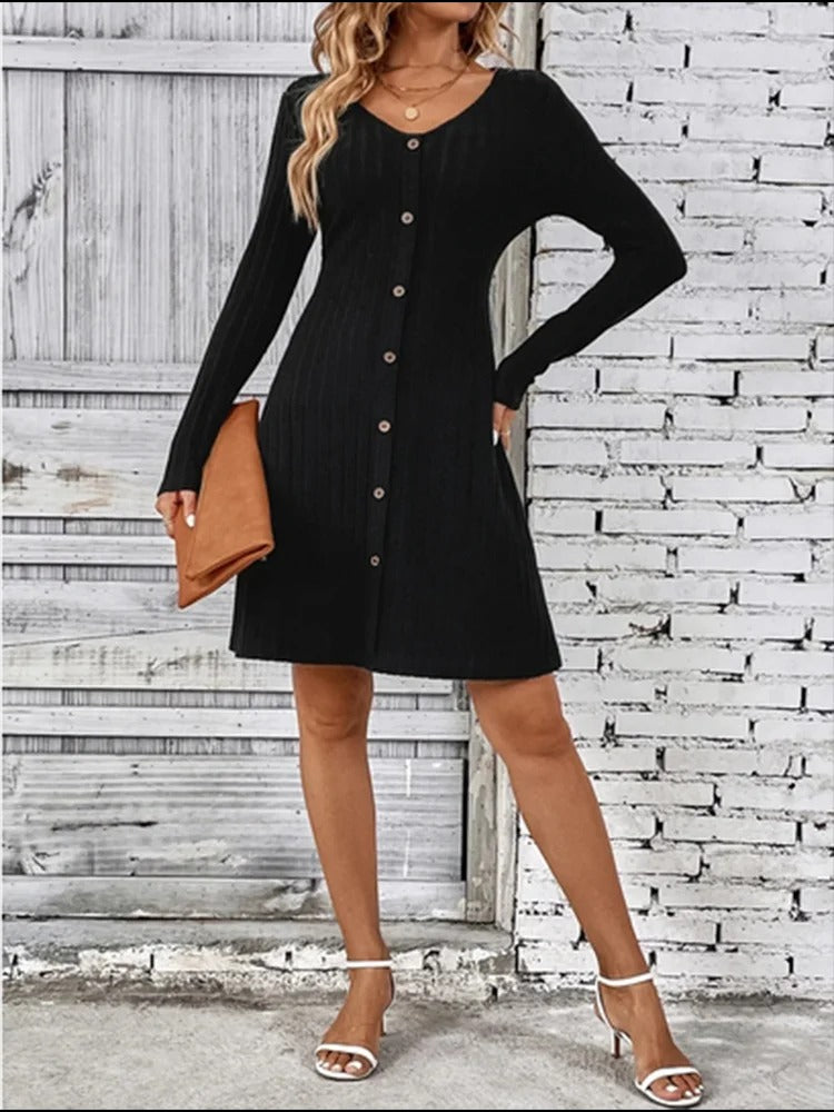 V-Ausschnitt Knopfleiste Kleid