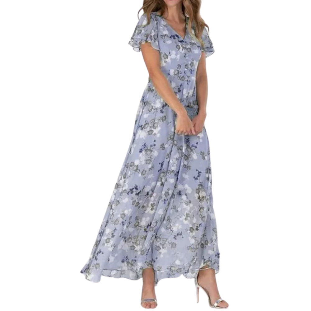 LINA - Langes Kleid mit kurzen Ärmeln und Blumenmuster