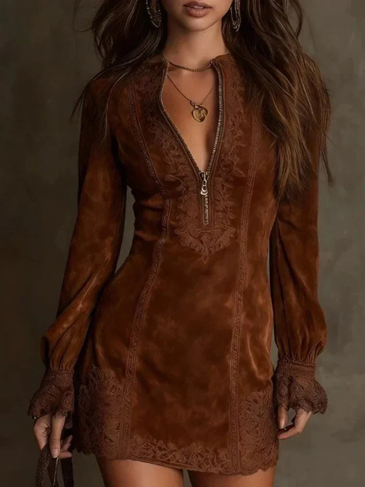 Velmora - Besticktes Mini-Kleid mit Reissverschluss