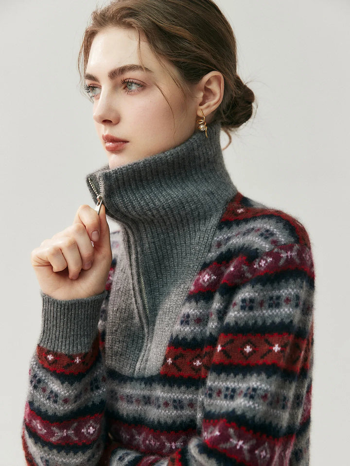 Damen Kaschmirpullover mit Halbreissverschluss