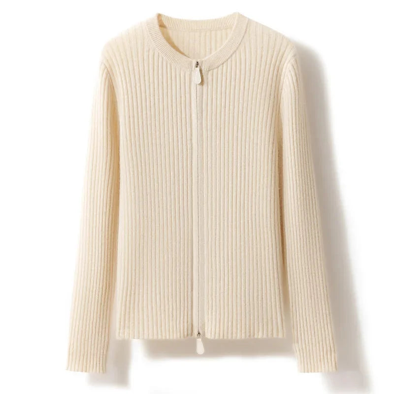 Damen Wollstrickjacke Rundhals, Doppelreißverschluss & Polokragen