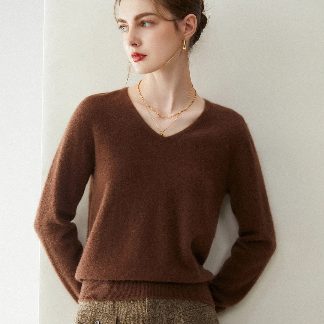 Damen V-Ausschnitt Strickpullover aus Wolle