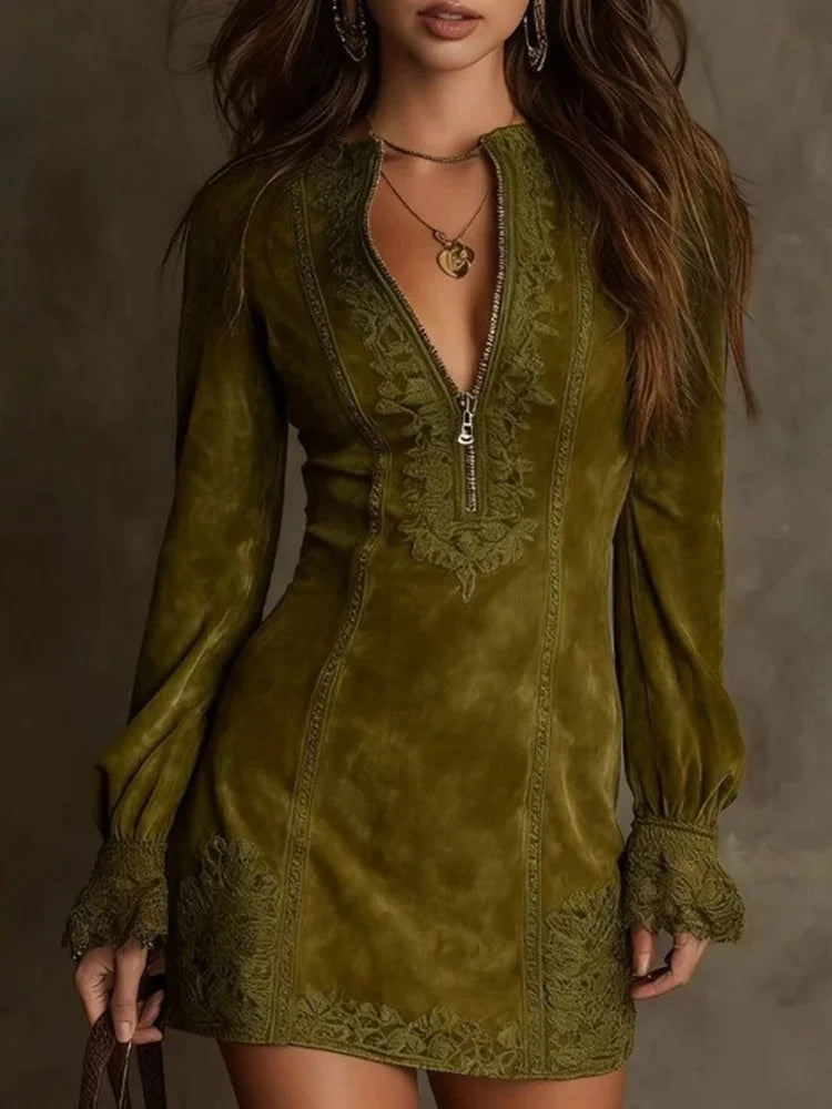 Velmora - Besticktes Mini-Kleid mit Reissverschluss