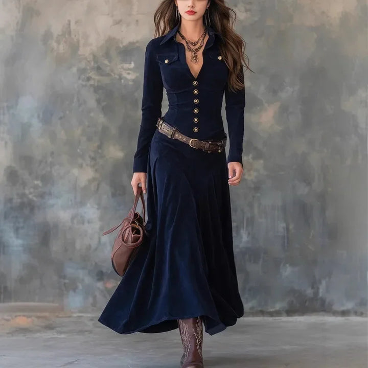 Amélie - Maxikleid aus blauer Wildleder-Optik mit Gürtel