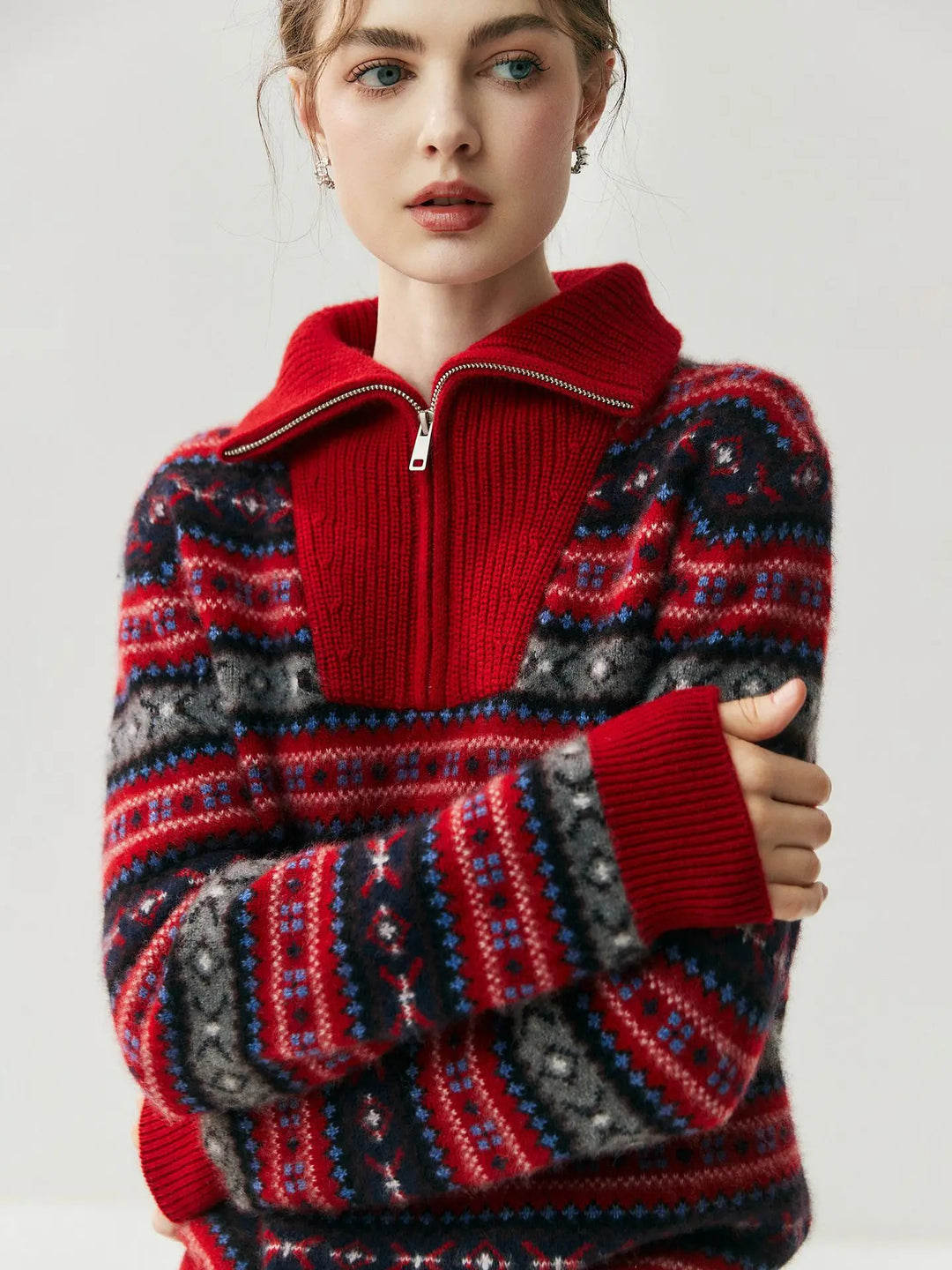 Damen Kaschmirpullover mit Halbreissverschluss