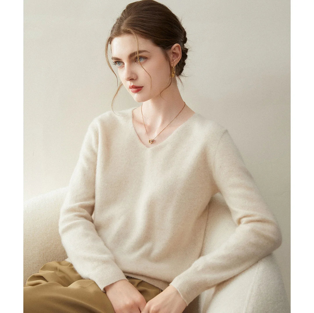 Damen V-Ausschnitt Strickpullover aus Wolle