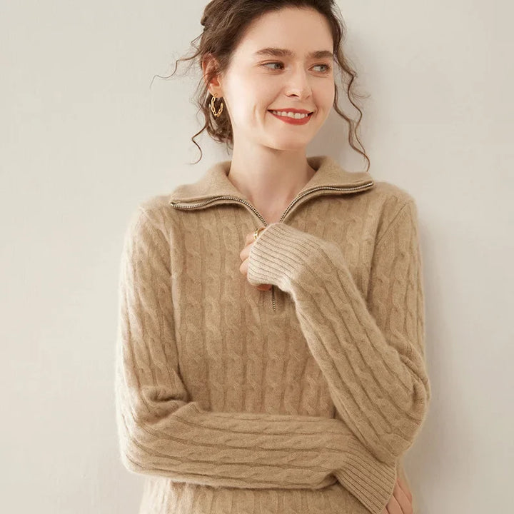 Damen Kaschmir Pullover mit Halbreissverschluss