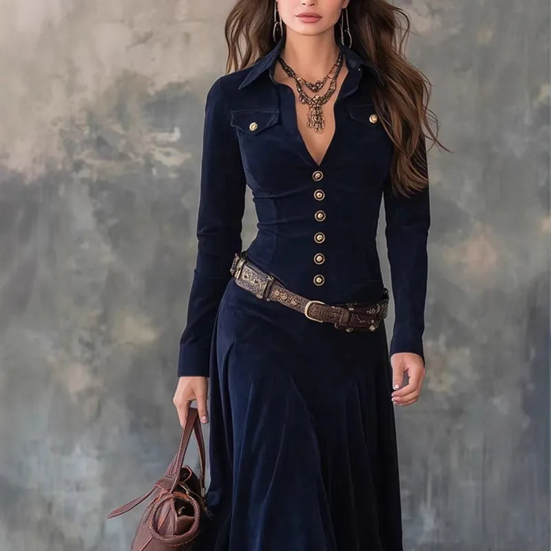 Amélie - Maxikleid aus blauer Wildleder-Optik mit Gürtel