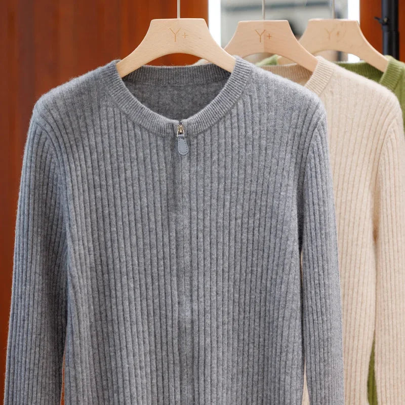 Damen Wollstrickjacke Rundhals, Doppelreißverschluss & Polokragen