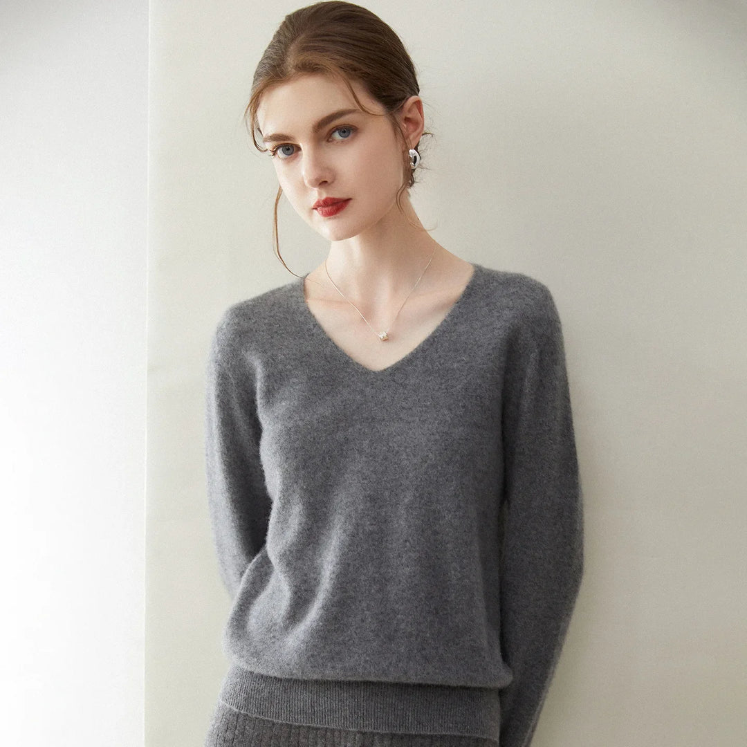 Damen V-Ausschnitt Strickpullover aus Wolle