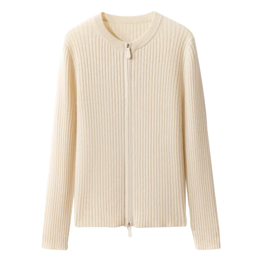 Damen Wollstrickjacke Rundhals, Doppelreißverschluss & Polokragen