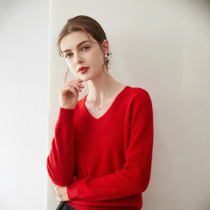 Damen V-Ausschnitt Strickpullover aus Wolle