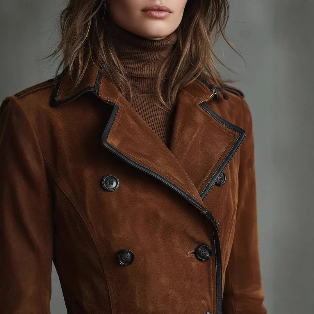 Elara – Langer Trenchcoat aus aus Wildleder-Optik