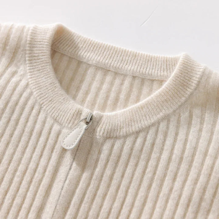 Damen Wollstrickjacke Rundhals, Doppelreißverschluss & Polokragen