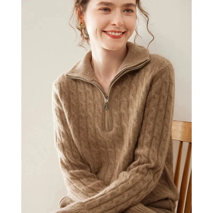 Damen Kaschmir Pullover mit Halbreissverschluss