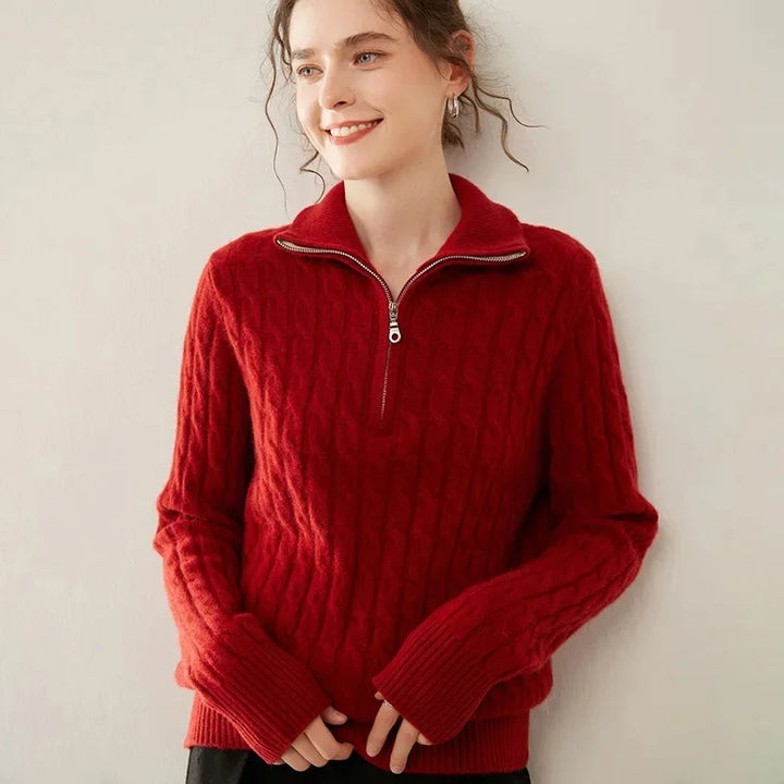 Damen Kaschmir Pullover mit Halbreissverschluss