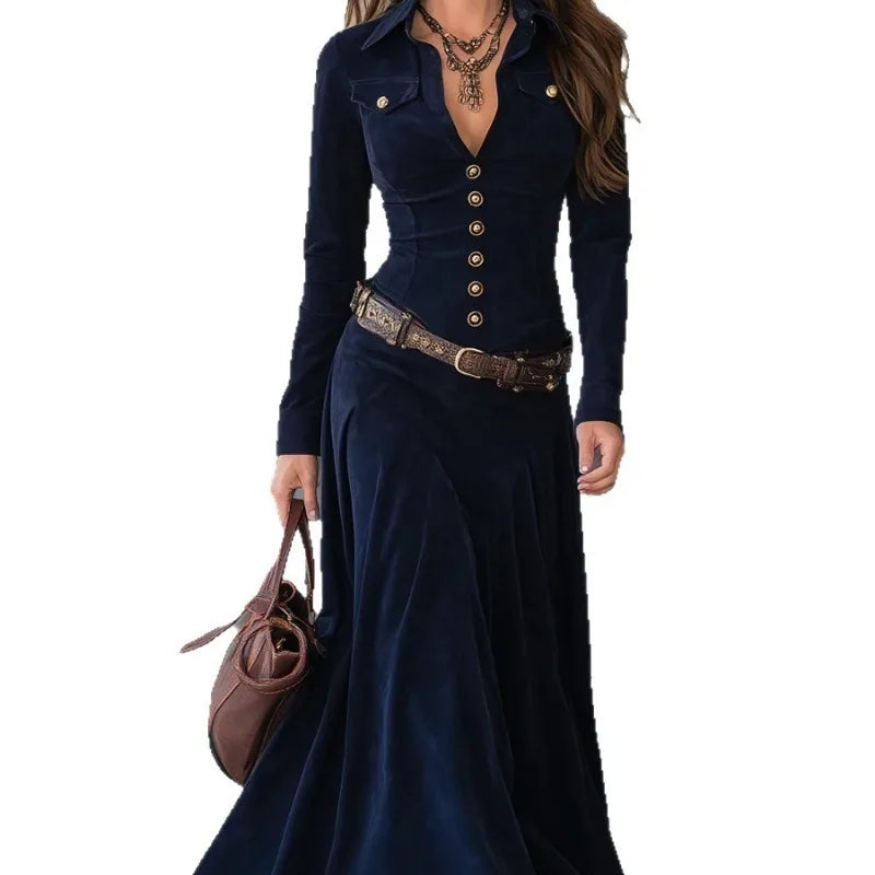 Amélie - Maxikleid aus blauer Wildleder-Optik mit Gürtel