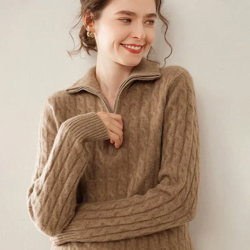 Damen Kaschmir Pullover mit Halbreissverschluss