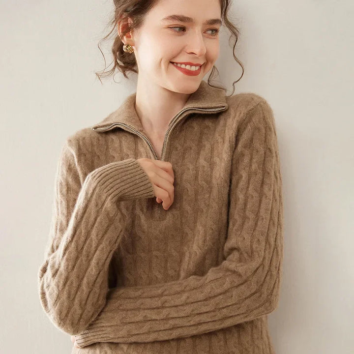 Damen Kaschmir Pullover mit Halbreissverschluss