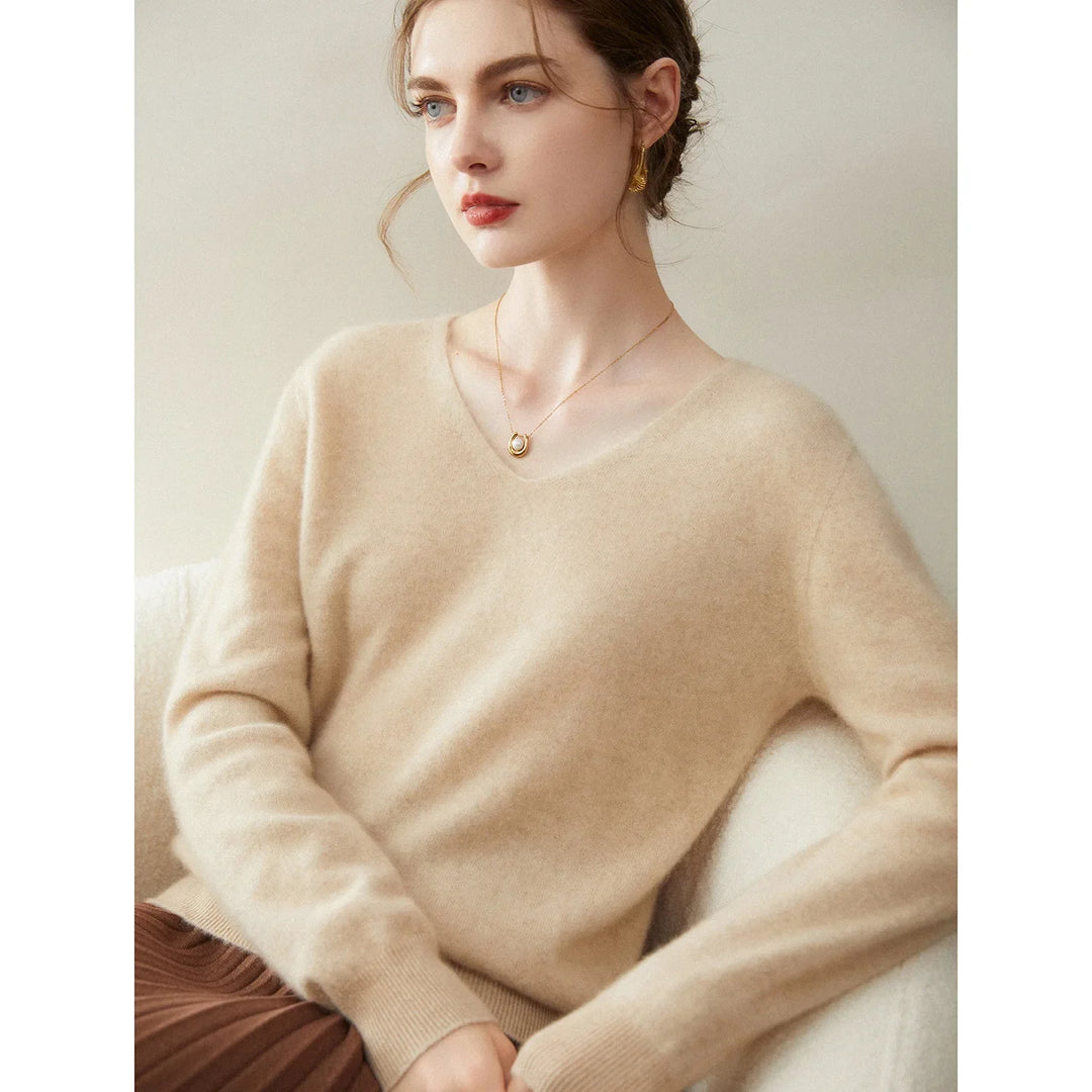 Damen V-Ausschnitt Strickpullover aus Wolle