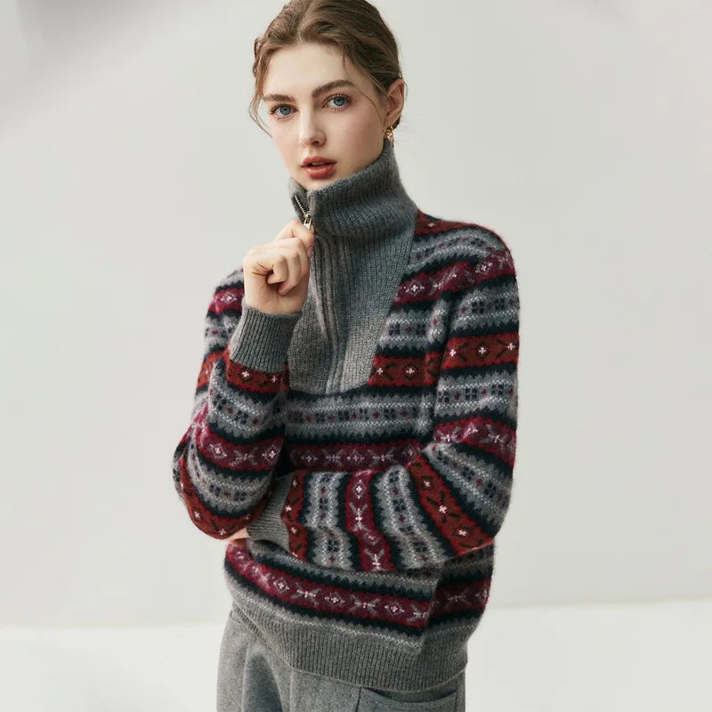 Damen Kaschmirpullover mit Halbreissverschluss