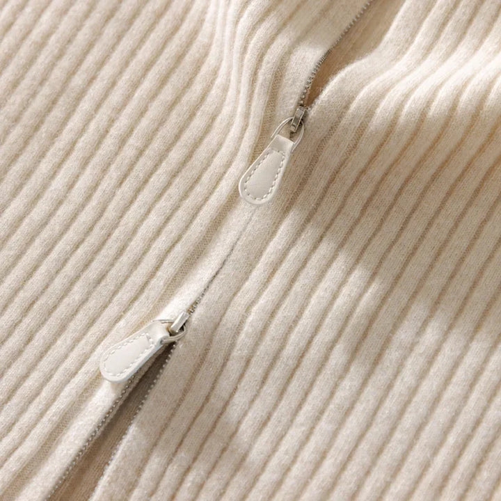 Damen Wollstrickjacke Rundhals, Doppelreißverschluss & Polokragen