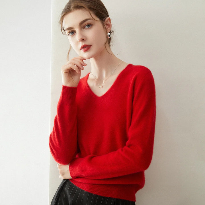 Damen V-Ausschnitt Strickpullover aus Wolle