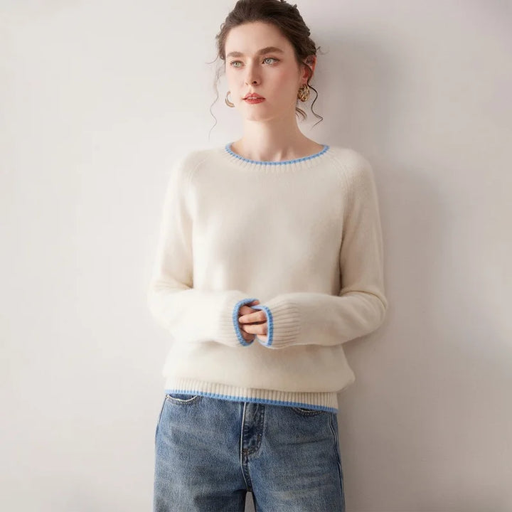 Kaschmir Damen Pullover rundhals, dick gestrickt & farblich abgesetzt für Herbst und Winter