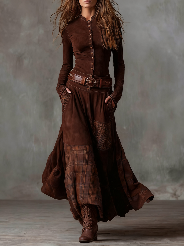 Helena - Maxikleid aus blauer Wildleder-Optik mit Gürtel