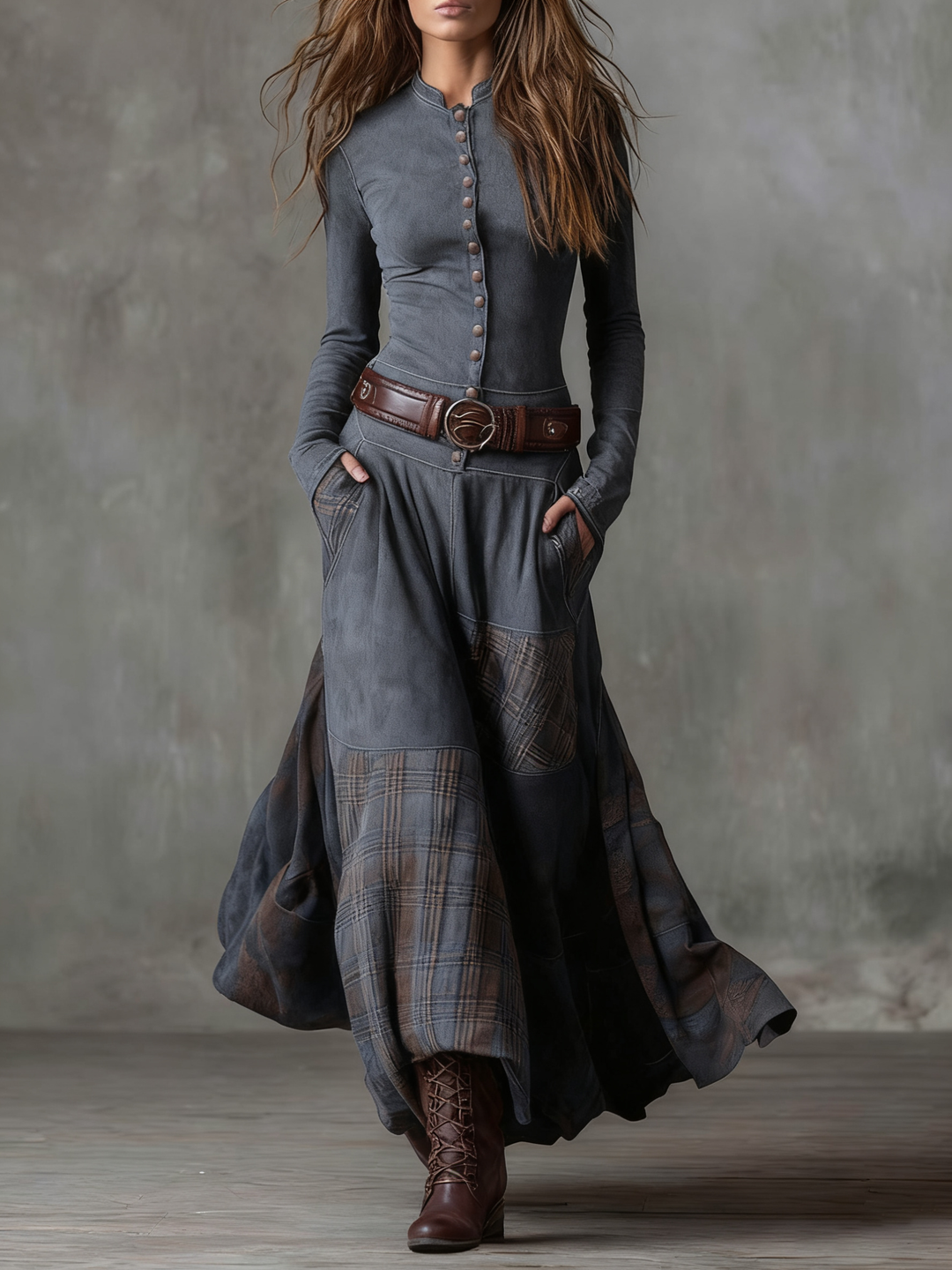 Helena - Maxikleid aus blauer Wildleder-Optik mit Gürtel