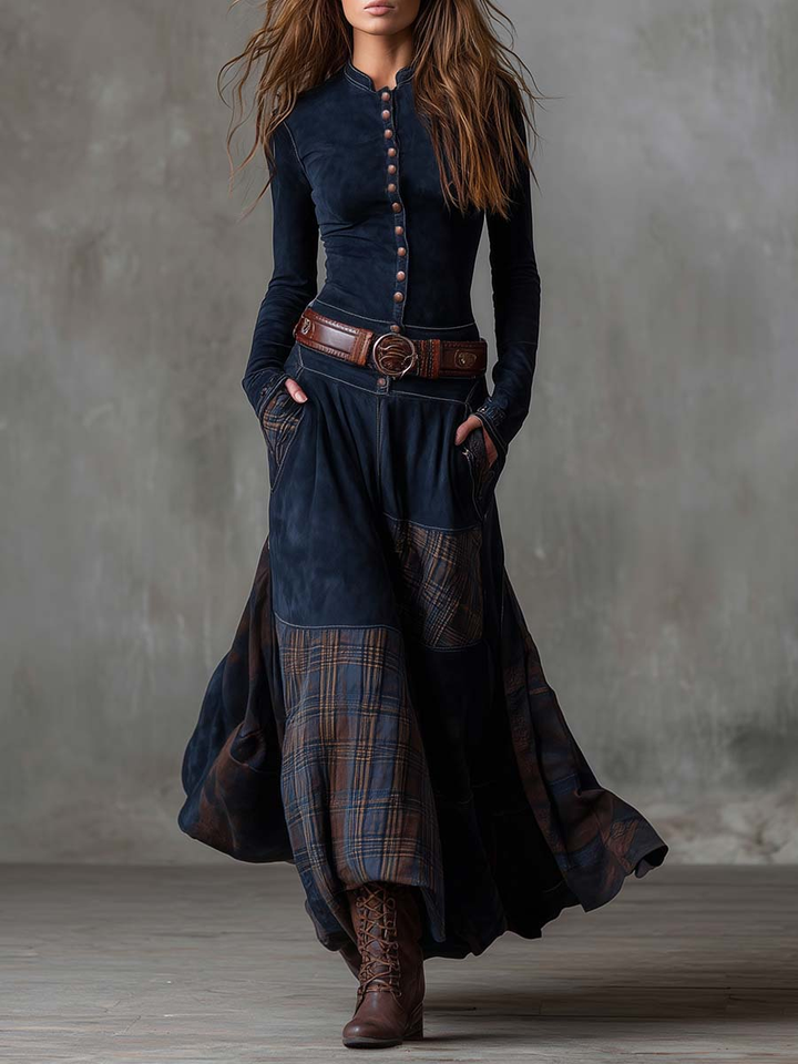 Helena - Maxikleid aus blauer Wildleder-Optik mit Gürtel
