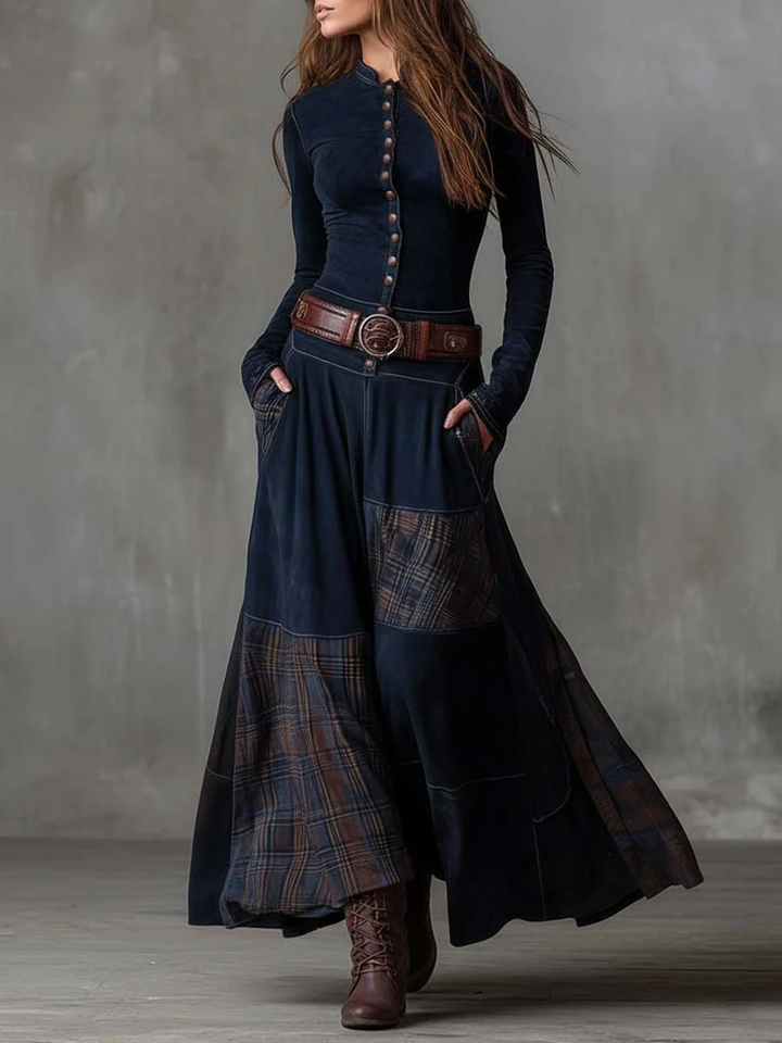 Helena - Maxikleid aus blauer Wildleder-Optik mit Gürtel
