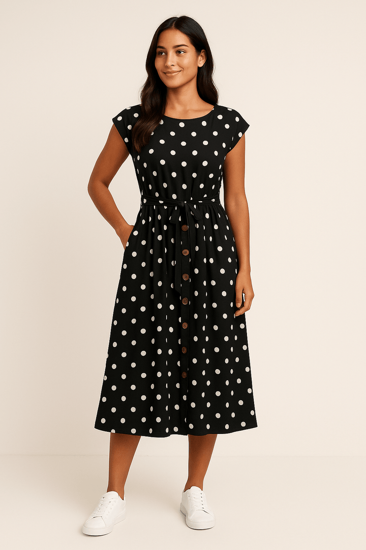HERBERGER | Damen Midikleid mit Punktemuster und Bindegürtel