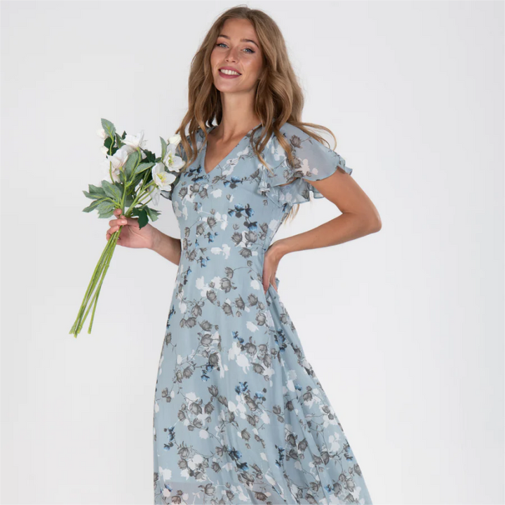 LINA - Langes Kleid mit kurzen Ärmeln und Blumenmuster
