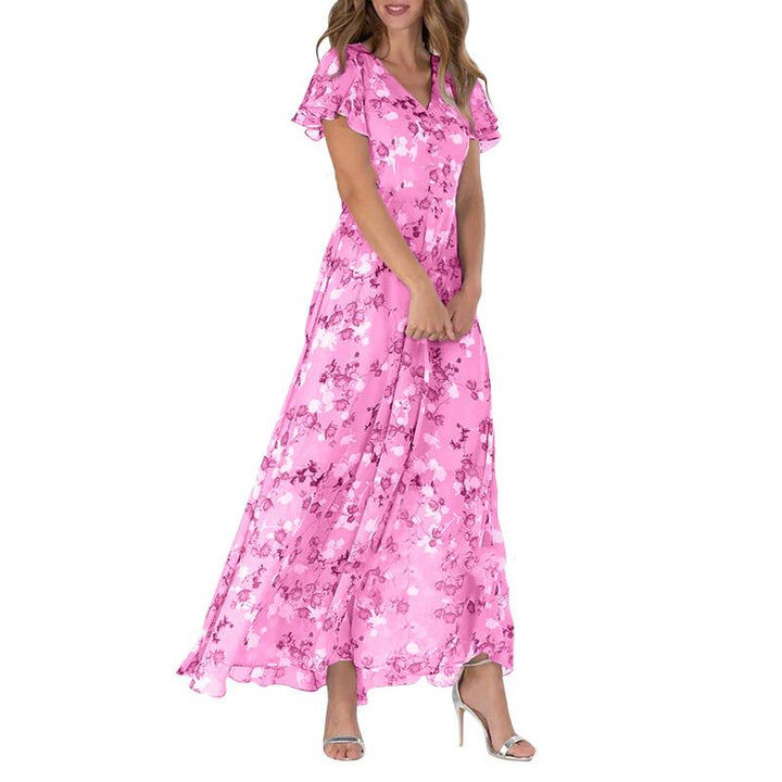 LINA - Langes Kleid mit kurzen Ärmeln und Blumenmuster