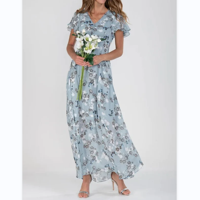 LINA - Langes Kleid mit kurzen Ärmeln und Blumenmuster
