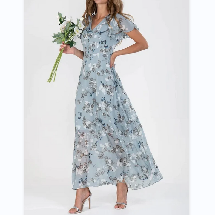 LINA - Langes Kleid mit kurzen Ärmeln und Blumenmuster