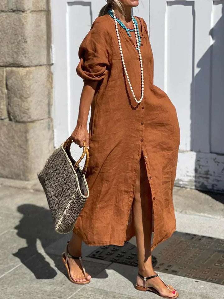 ELSBETH – Langes Leinenkleid mit Knöpfen
